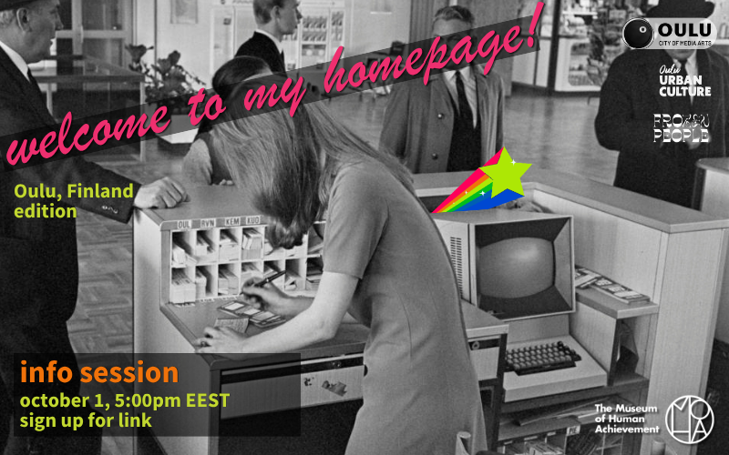 Welcome to my Homepage residency and info session promo picture, with a young woman using a computer in Finland in the 60s.